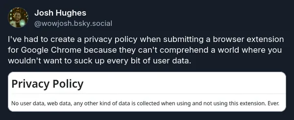 Bluesky post of Speedr’s privacy policy stating that no data collection happens